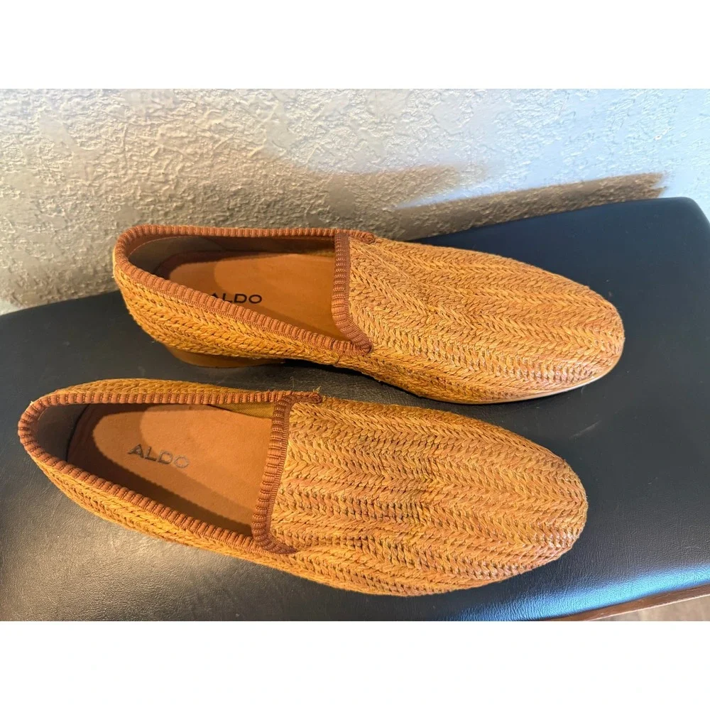 Aldo Mens Woven Raffia Style Loafers Tan Chevron Slip On Shoes Size 9 EUR 42
